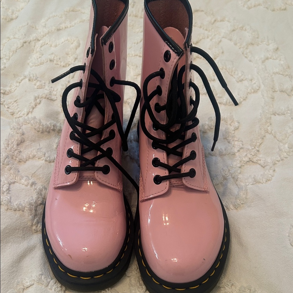 Pink Lace-Up  Doc Martens  Boots with yellow stitching. Barely worn!